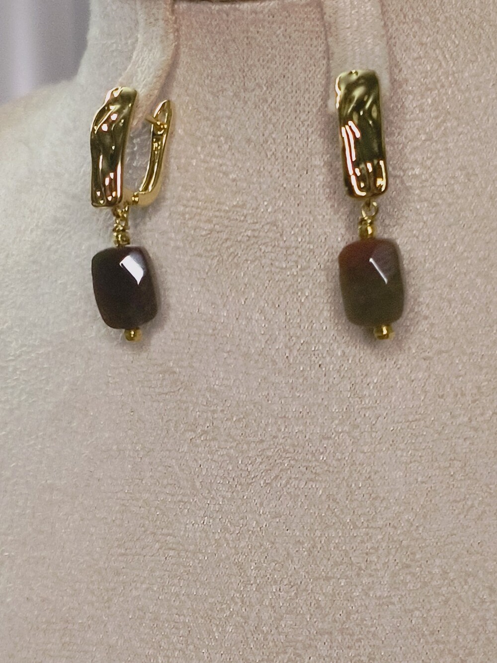 18k Gold Plated Brown Indian Agate Drop Earrings | Textured Huggie Hoop Dangles